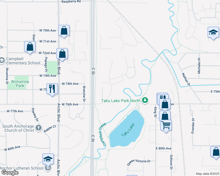 map of restaurants, bars, coffee shops, grocery stores, and more near 7400 Foxridge Way in Anchorage