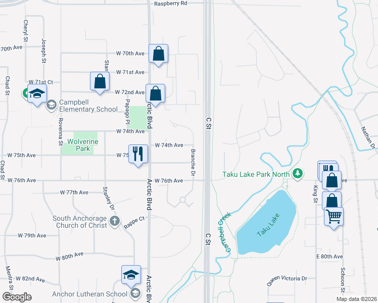 map of restaurants, bars, coffee shops, grocery stores, and more near 7400 Branche Drive in Anchorage