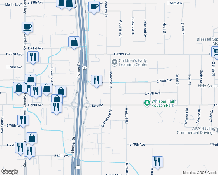 map of restaurants, bars, coffee shops, grocery stores, and more near 7411 Meadow Street in Anchorage