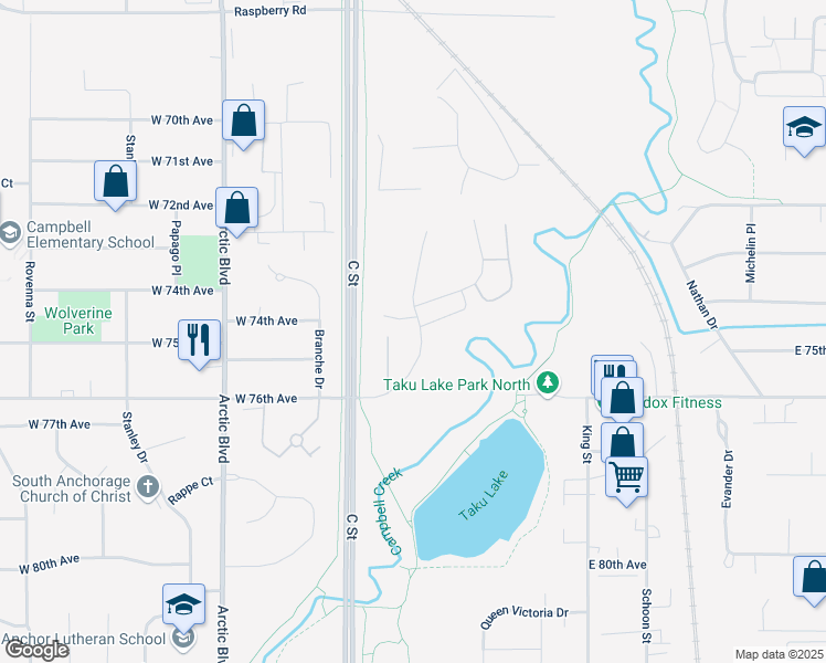 map of restaurants, bars, coffee shops, grocery stores, and more near 7400 Foxridge Way in Anchorage