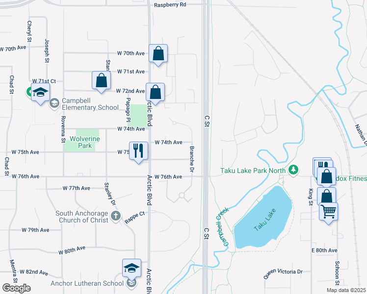 map of restaurants, bars, coffee shops, grocery stores, and more near 509A West 74th Avenue in Anchorage