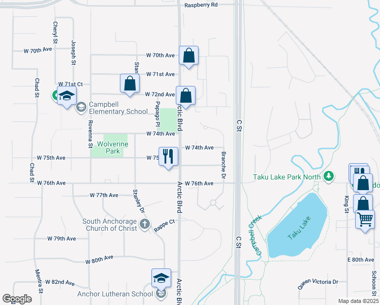 map of restaurants, bars, coffee shops, grocery stores, and more near 549 West 74th Avenue in Anchorage