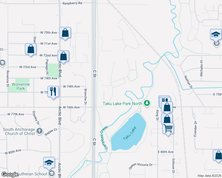 map of restaurants, bars, coffee shops, grocery stores, and more near 7400 Foxridge Way in Anchorage