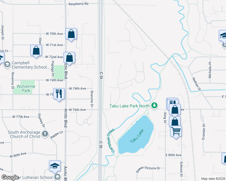 map of restaurants, bars, coffee shops, grocery stores, and more near 7530 Foxridge Way in Anchorage