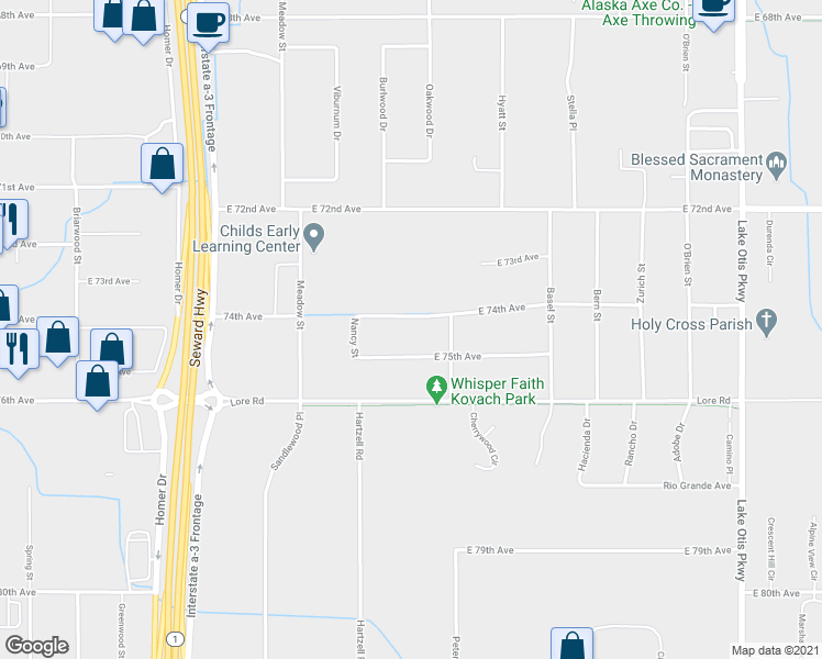 map of restaurants, bars, coffee shops, grocery stores, and more near 1900 East 74th Avenue in Anchorage