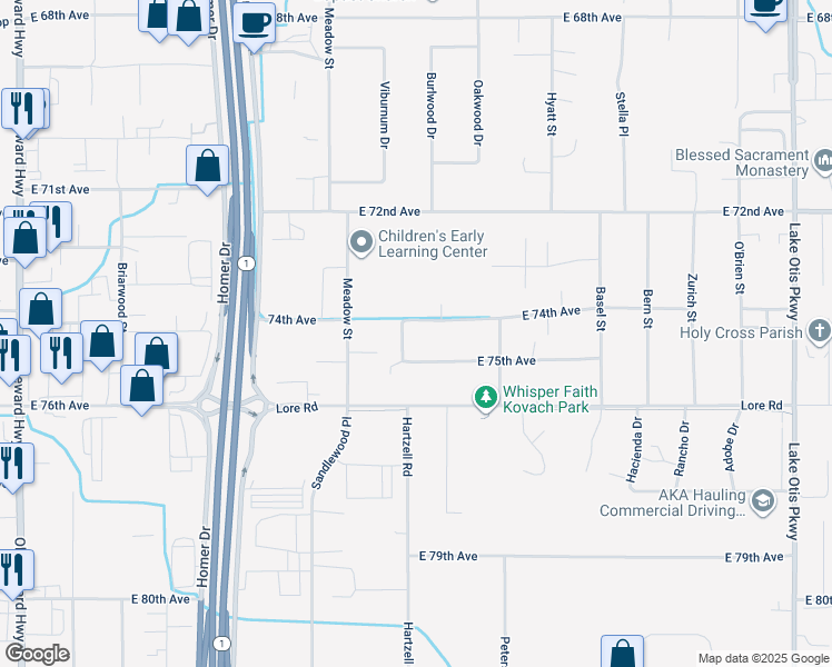 map of restaurants, bars, coffee shops, grocery stores, and more near 1800 East 74th Avenue in Anchorage
