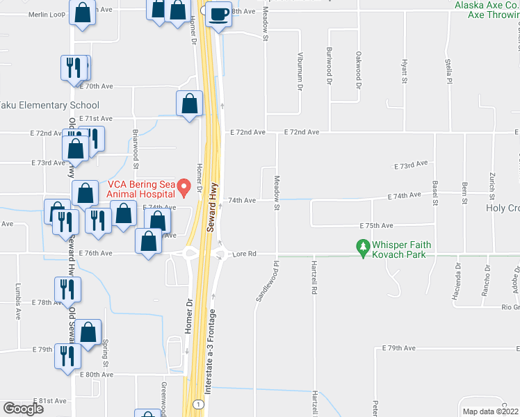 map of restaurants, bars, coffee shops, grocery stores, and more near 7414 Meadow Street in Anchorage