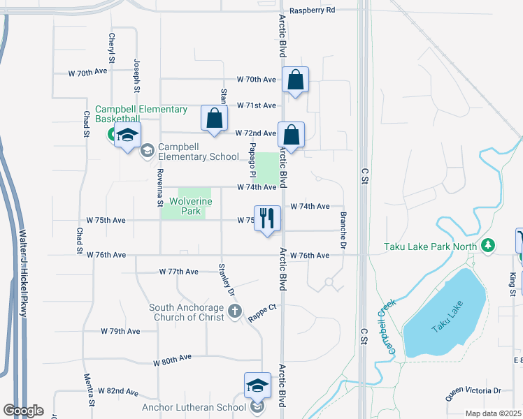map of restaurants, bars, coffee shops, grocery stores, and more near 741 West 75th Avenue in Anchorage