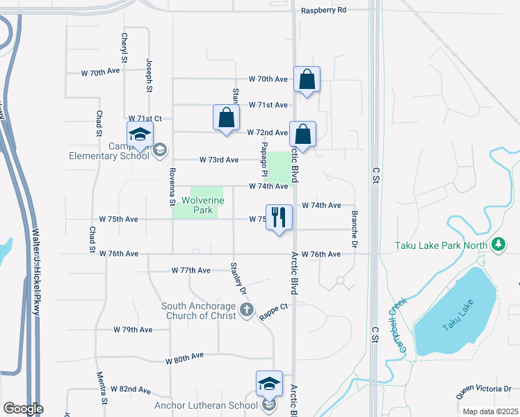 map of restaurants, bars, coffee shops, grocery stores, and more near 741 West 75th Avenue in Anchorage