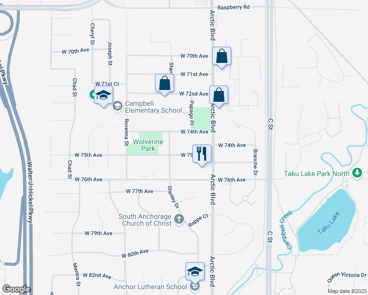 map of restaurants, bars, coffee shops, grocery stores, and more near 830 West 74th Avenue in Anchorage