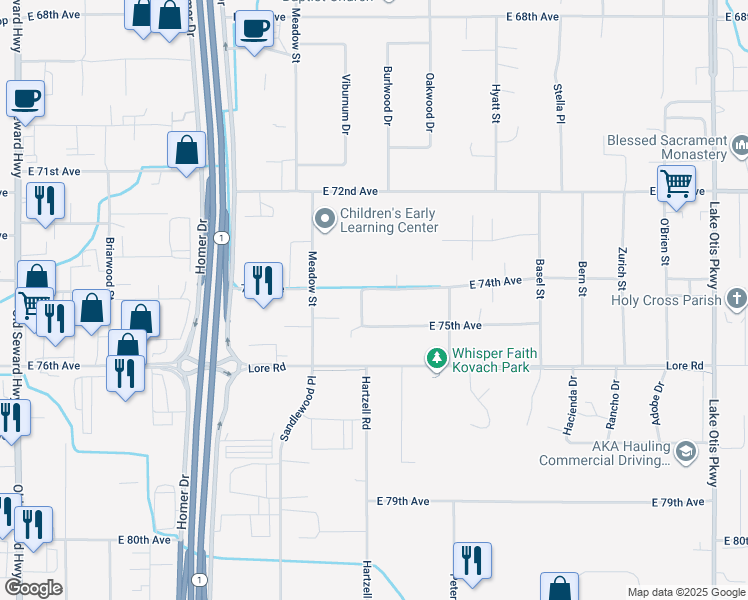 map of restaurants, bars, coffee shops, grocery stores, and more near 1800 East 74th Avenue in Anchorage