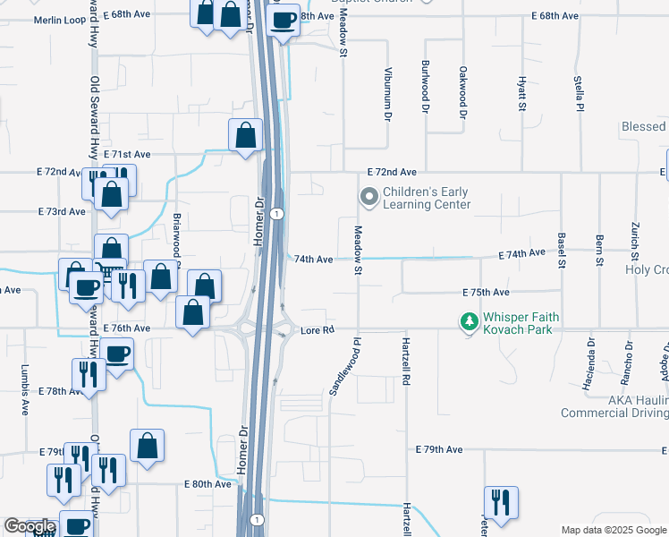 map of restaurants, bars, coffee shops, grocery stores, and more near 7414 Meadow Street in Anchorage