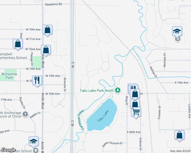 map of restaurants, bars, coffee shops, grocery stores, and more near 7451 Foxridge Way in Anchorage