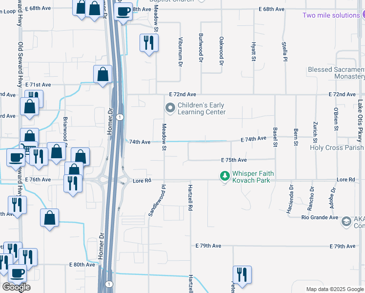 map of restaurants, bars, coffee shops, grocery stores, and more near 7400 Nancy Street in Anchorage