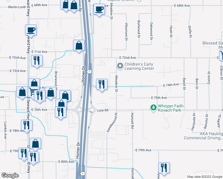 map of restaurants, bars, coffee shops, grocery stores, and more near 7411 Meadow Street in Anchorage