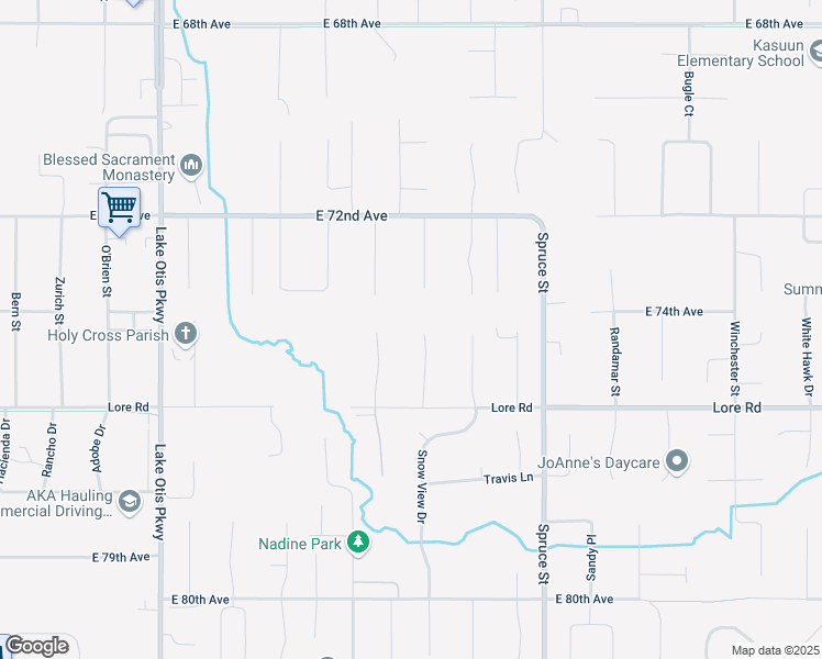 map of restaurants, bars, coffee shops, grocery stores, and more near 7422 Timberwolf Circle in Anchorage