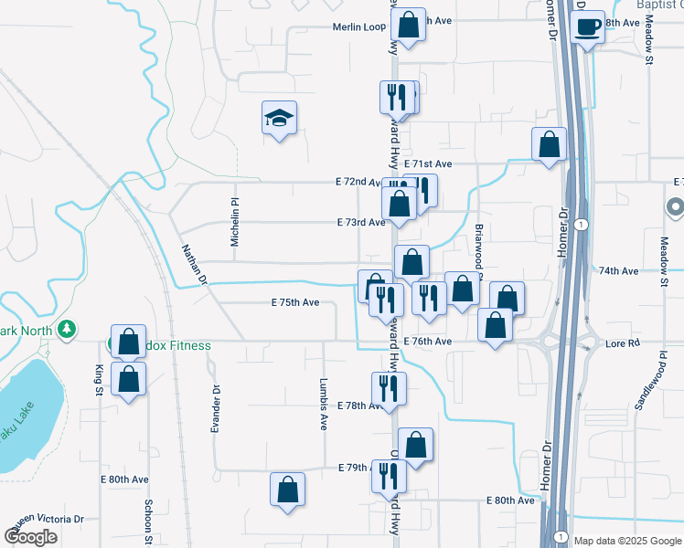 map of restaurants, bars, coffee shops, grocery stores, and more near 768 East 74th Avenue in Anchorage