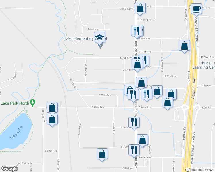 map of restaurants, bars, coffee shops, grocery stores, and more near 728 East 74th Avenue in Anchorage