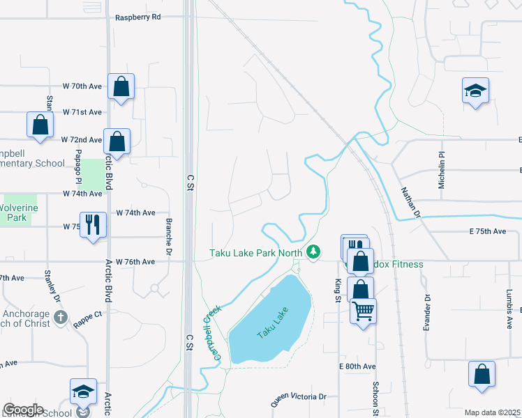 map of restaurants, bars, coffee shops, grocery stores, and more near 7451 Foxridge Way in Anchorage