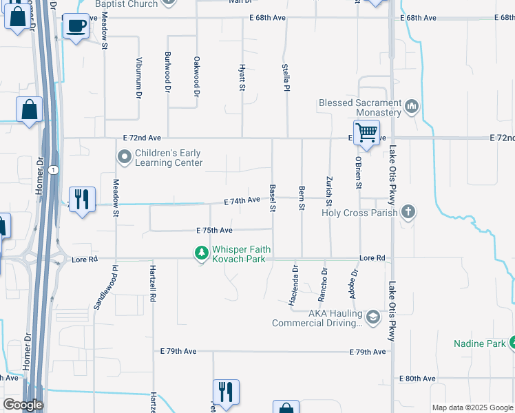 map of restaurants, bars, coffee shops, grocery stores, and more near 2120 East 74th Avenue in Anchorage