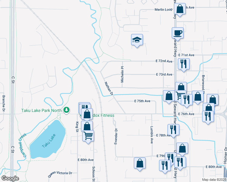 map of restaurants, bars, coffee shops, grocery stores, and more near 608 East 74th Avenue in Anchorage