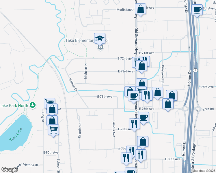 map of restaurants, bars, coffee shops, grocery stores, and more near 728 East 74th Avenue in Anchorage