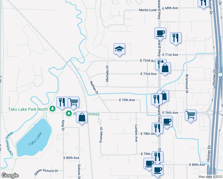 map of restaurants, bars, coffee shops, grocery stores, and more near 640 East 74th Avenue in Anchorage