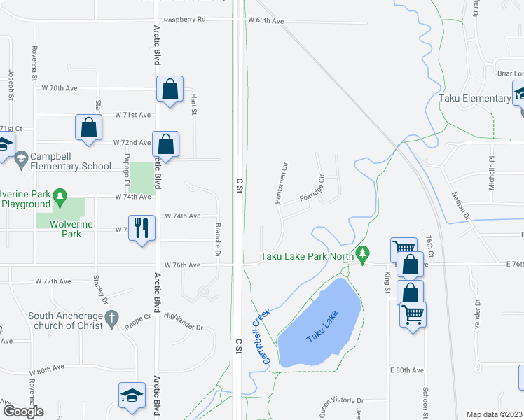 map of restaurants, bars, coffee shops, grocery stores, and more near 7410 Foxridge Way in Anchorage
