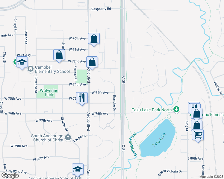 map of restaurants, bars, coffee shops, grocery stores, and more near 509A West 74th Avenue in Anchorage