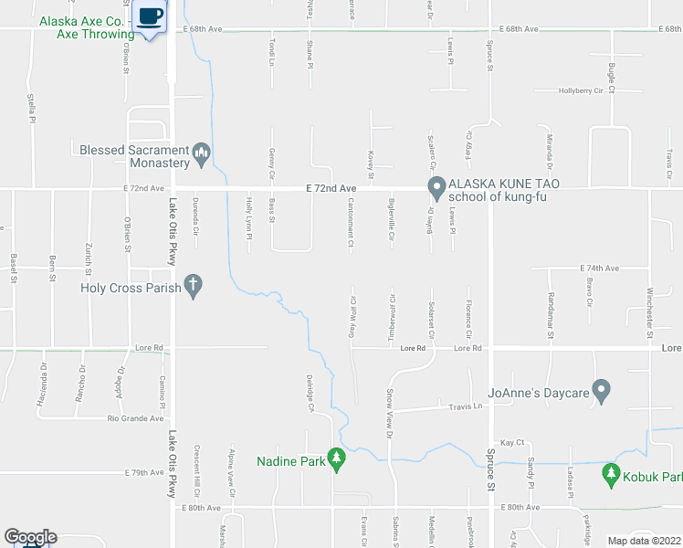 map of restaurants, bars, coffee shops, grocery stores, and more near 7410 Grey Wolf Cir in Anchorage