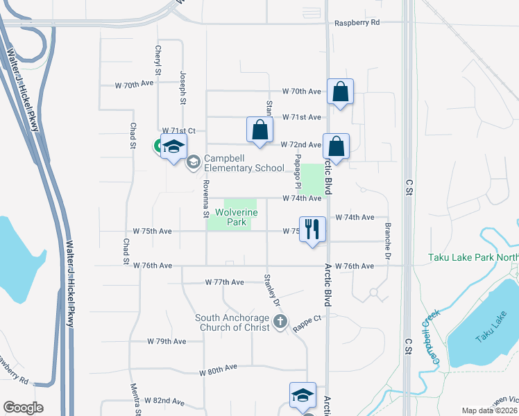 map of restaurants, bars, coffee shops, grocery stores, and more near 900 West 74th Avenue in Anchorage