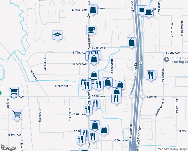 map of restaurants, bars, coffee shops, grocery stores, and more near 1005 East 74th Avenue in Anchorage