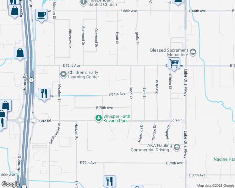 map of restaurants, bars, coffee shops, grocery stores, and more near 2030 East 74th Avenue in Anchorage