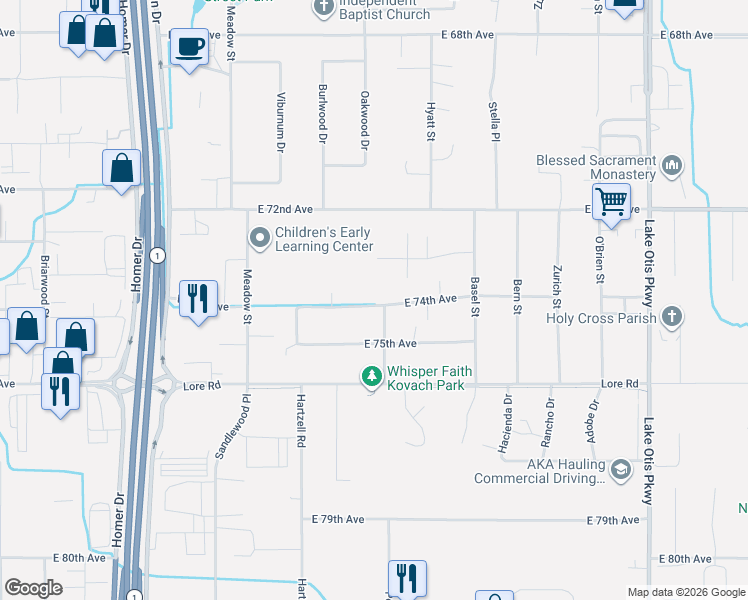 map of restaurants, bars, coffee shops, grocery stores, and more near 2000 East 74th Avenue in Anchorage