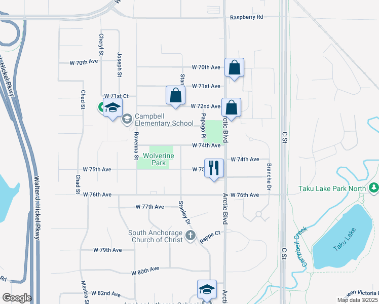 map of restaurants, bars, coffee shops, grocery stores, and more near 830 West 74th Avenue in Anchorage