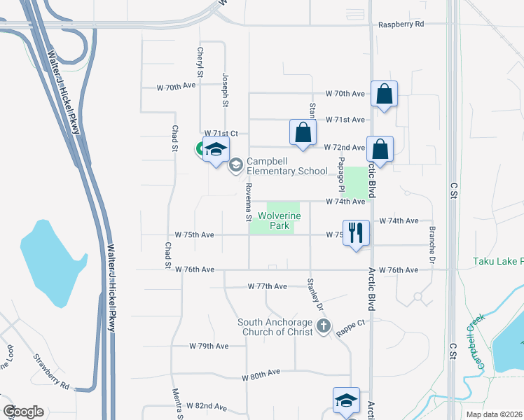 map of restaurants, bars, coffee shops, grocery stores, and more near 1036 West 74th Avenue in Anchorage