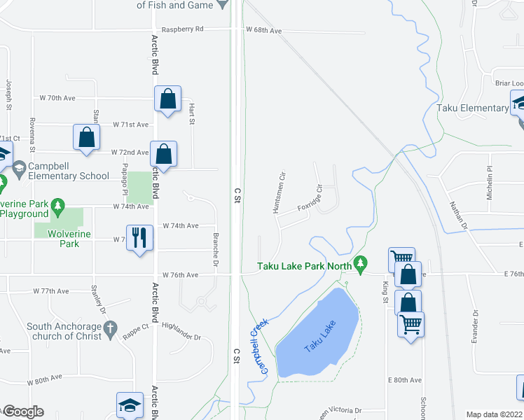 map of restaurants, bars, coffee shops, grocery stores, and more near 7330 Huntsmen Circle in Anchorage