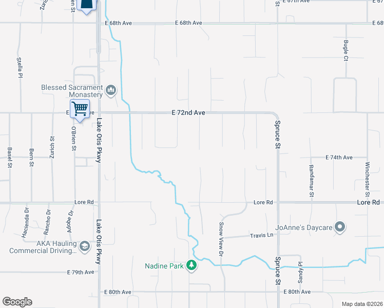 map of restaurants, bars, coffee shops, grocery stores, and more near 7410 Grey Wolf Circle in Anchorage