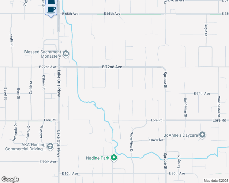 map of restaurants, bars, coffee shops, grocery stores, and more near 7410 Grey Wolf Circle in Anchorage
