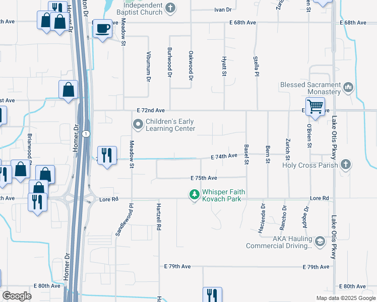 map of restaurants, bars, coffee shops, grocery stores, and more near 1900 East 74th Avenue in Anchorage