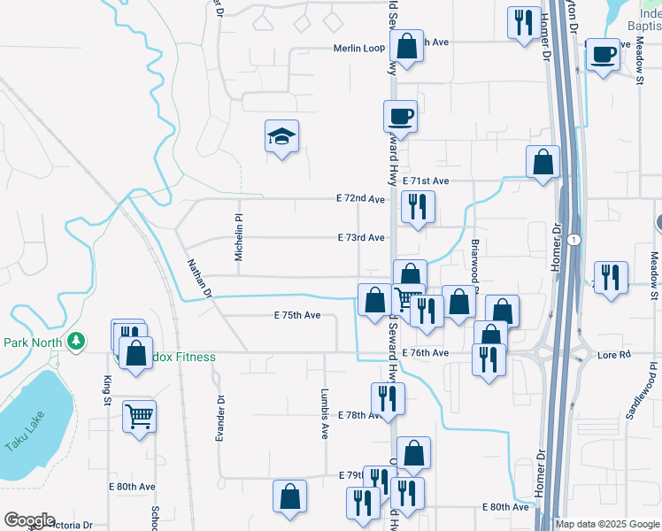 map of restaurants, bars, coffee shops, grocery stores, and more near 768 East 74th Avenue in Anchorage