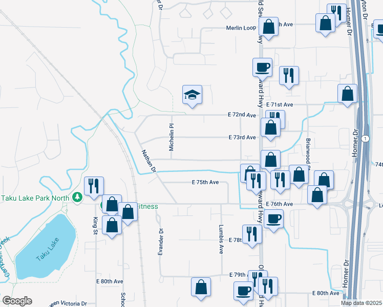 map of restaurants, bars, coffee shops, grocery stores, and more near 648 East 74th Avenue in Anchorage