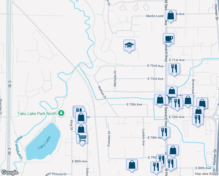 map of restaurants, bars, coffee shops, grocery stores, and more near 608 East 74th Avenue in Anchorage