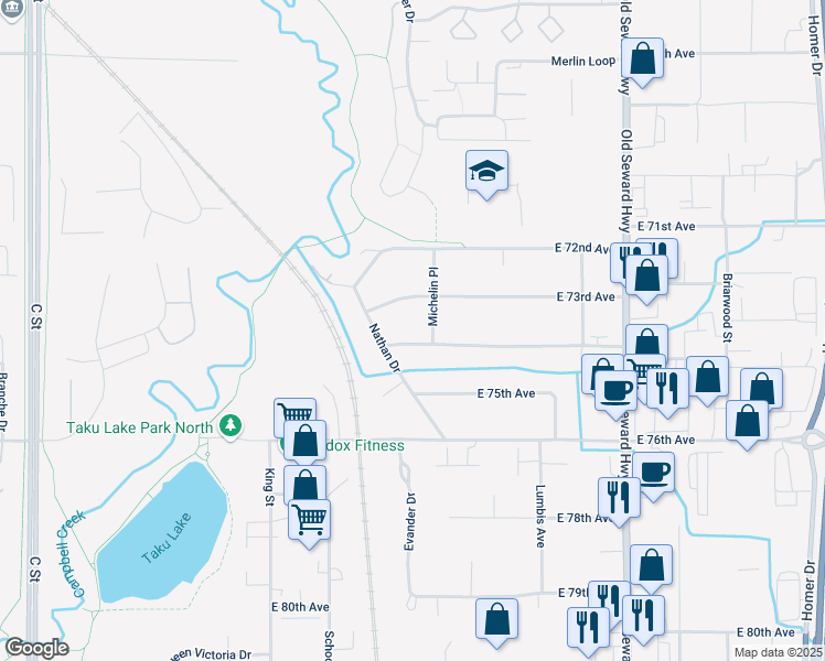 map of restaurants, bars, coffee shops, grocery stores, and more near 535 East 74th Avenue in Anchorage