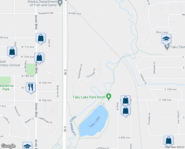 map of restaurants, bars, coffee shops, grocery stores, and more near 7329 Foxridge Circle in Anchorage