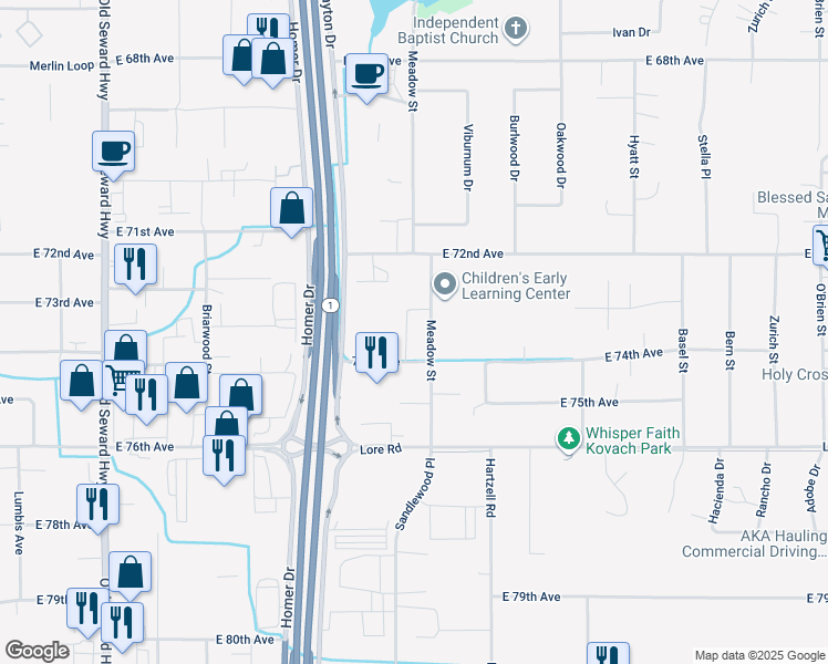 map of restaurants, bars, coffee shops, grocery stores, and more near 7411 Meadow Street in Anchorage