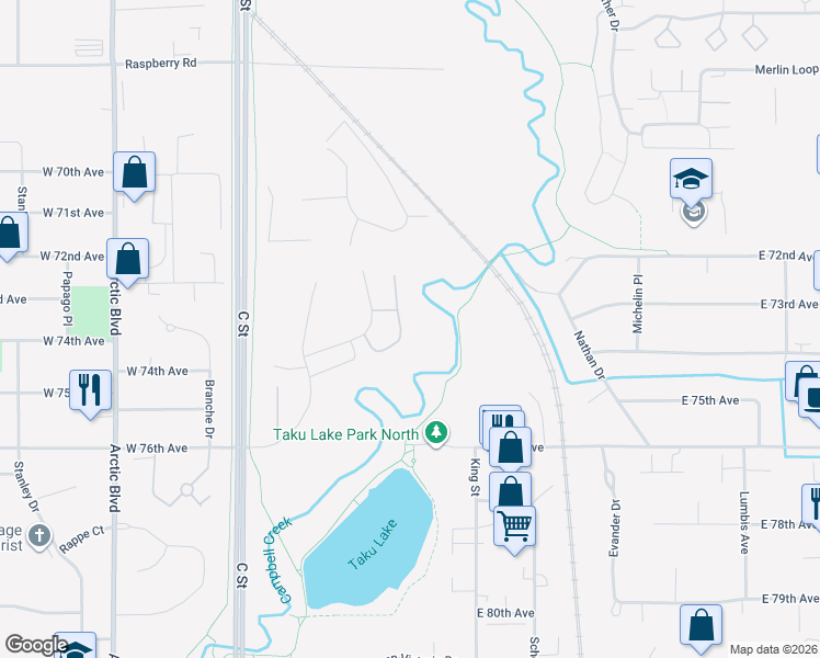 map of restaurants, bars, coffee shops, grocery stores, and more near 7329 Foxridge Circle in Anchorage