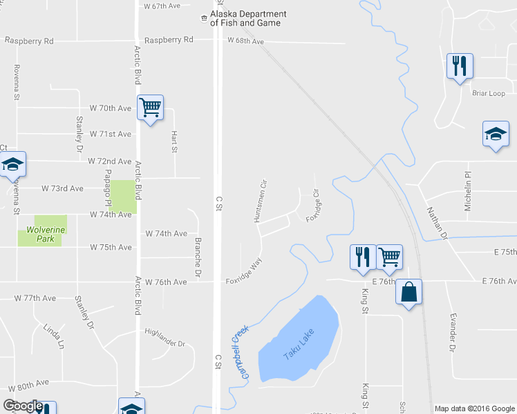 map of restaurants, bars, coffee shops, grocery stores, and more near 7400 Foxridge Way in Anchorage