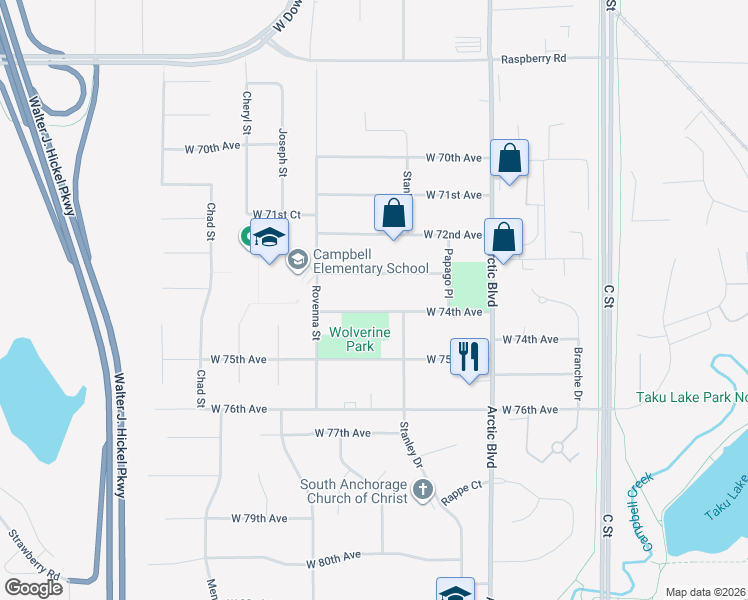 map of restaurants, bars, coffee shops, grocery stores, and more near 900 West 74th Avenue in Anchorage