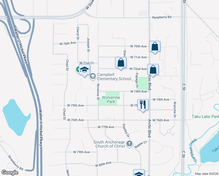 map of restaurants, bars, coffee shops, grocery stores, and more near 1036 West 74th Avenue in Anchorage